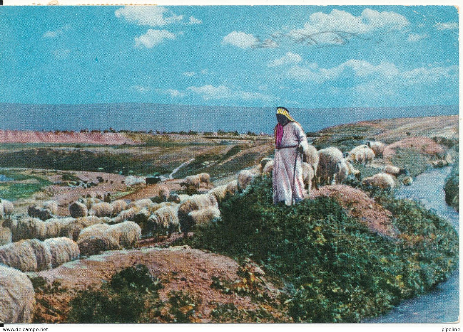 Lebanon Postcard Sent To Denmark 10-7-1966 (The Good Shepherd Near Flowing Water) Weak Right Upper Corner - Liban