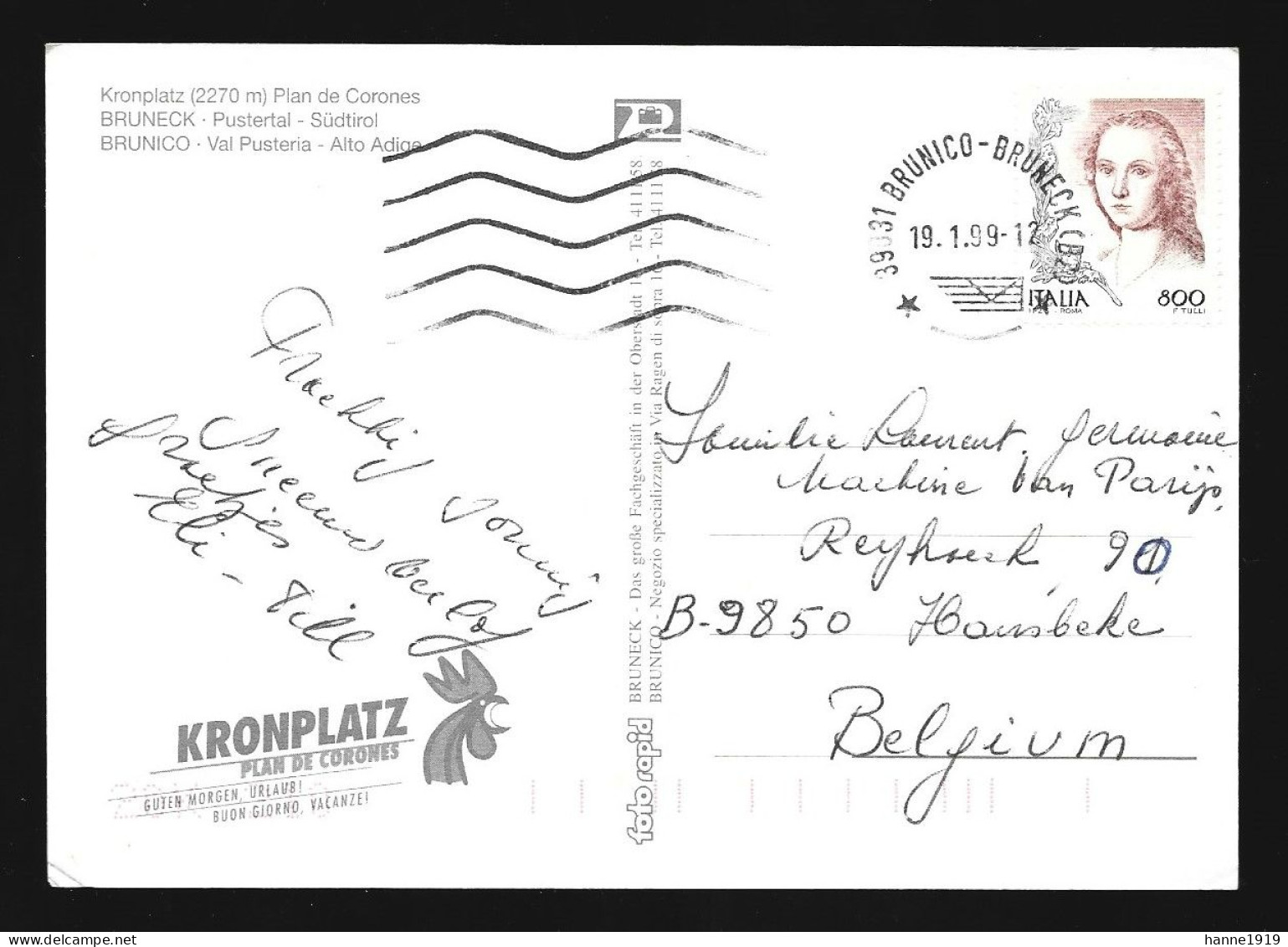 Bruneck Brunico Kronplatz Ski Photo Carte Cachet 1999 Brunico Italia Htje - Vipiteno