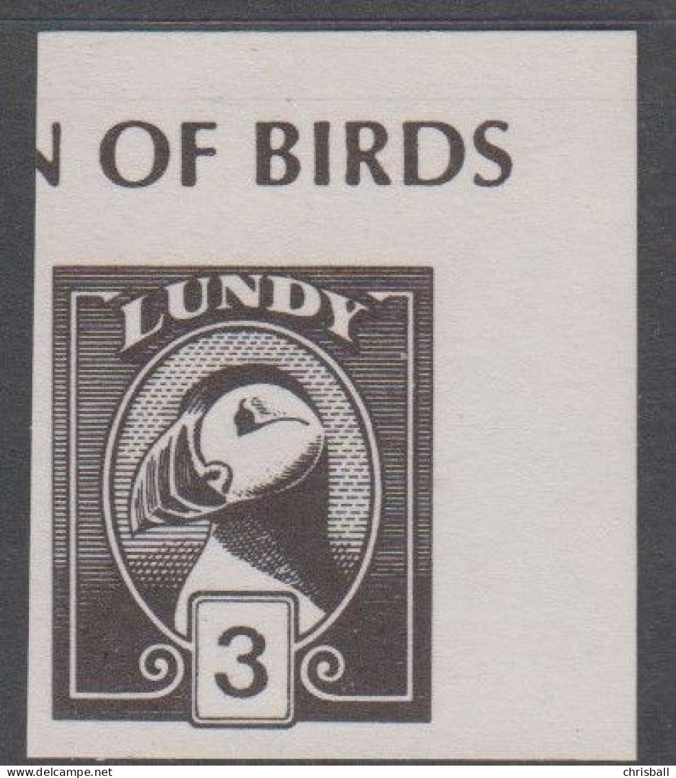 Lundy  - Black 3puffin  Proof - Unmounted Mint NHM White Paper - Local Issues