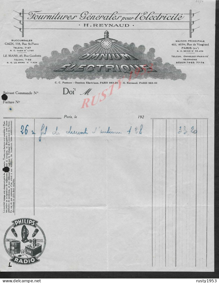 FACTURE ILLUSTRÉE H. REYNAUD OMNIUM ÉLECTRIQUE ( ELECTRICITÉ ) À PARIS RUE VAUGIRARD X CAEN X LE MANS : - Elektrizität & Gas