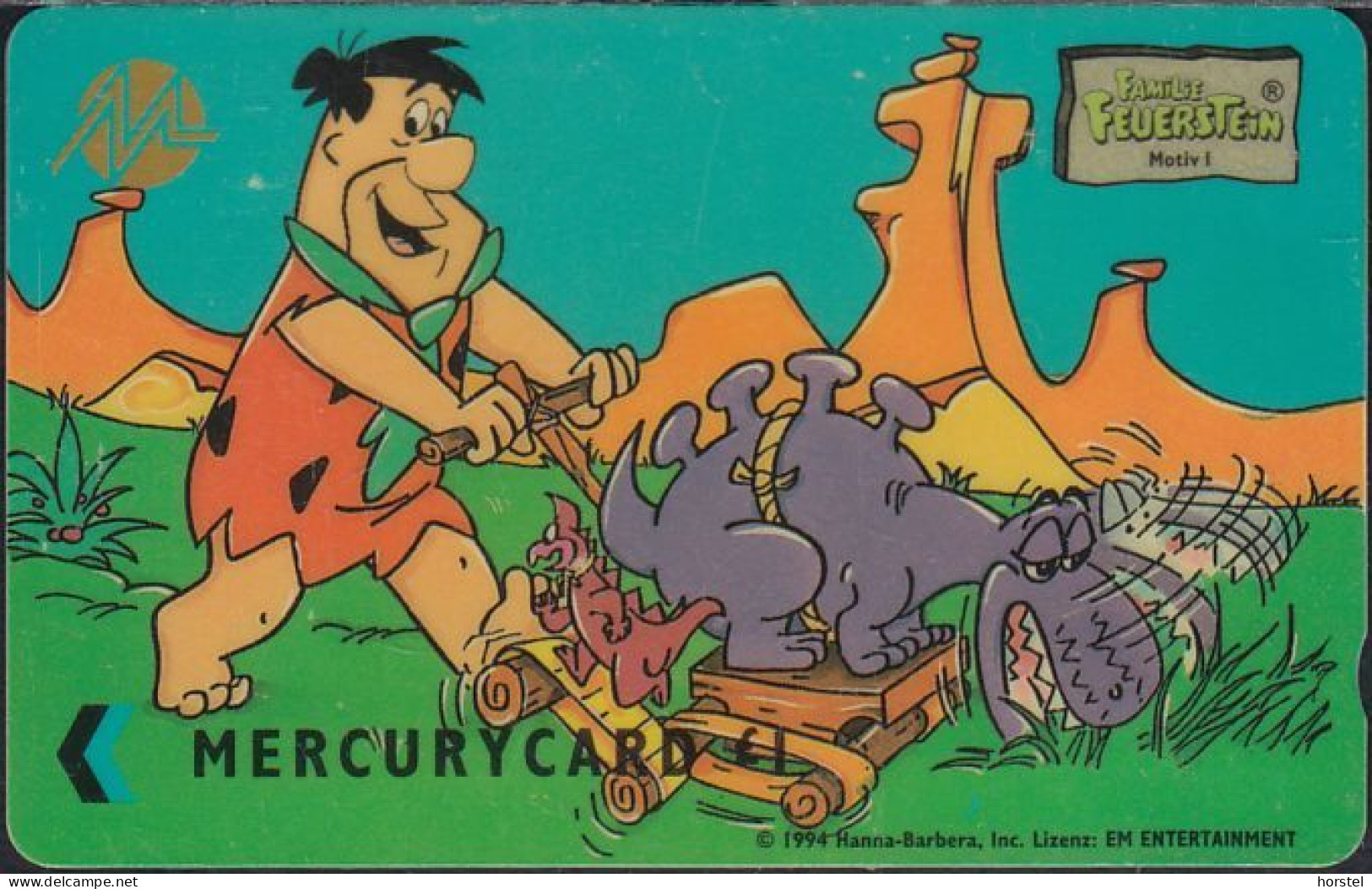 Mercury - Oversea Cards - MEF001 Comic Flintstone : Fred & Dino Gardening - £1 - 20MERB - Mercury Communications & Paytelco