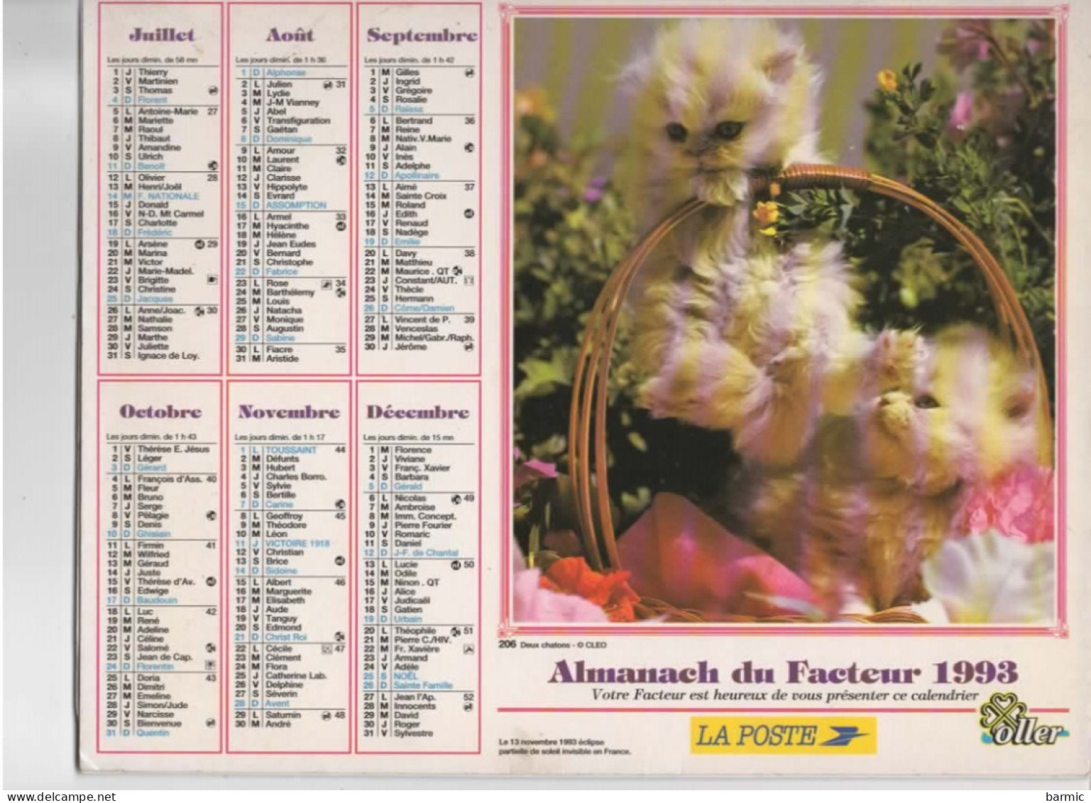 CALENDRIER ANNEE 1993, COMPLET, CHIEN ET CHATONS DANS SON PANIER REF 13762 - Tamaño Grande : 1991-00