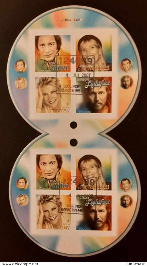 Canada 2007  USED Sc 2222  BK354  Two Panes Of 52c Recording Artists, Serp. Die Cut - Oblitérés