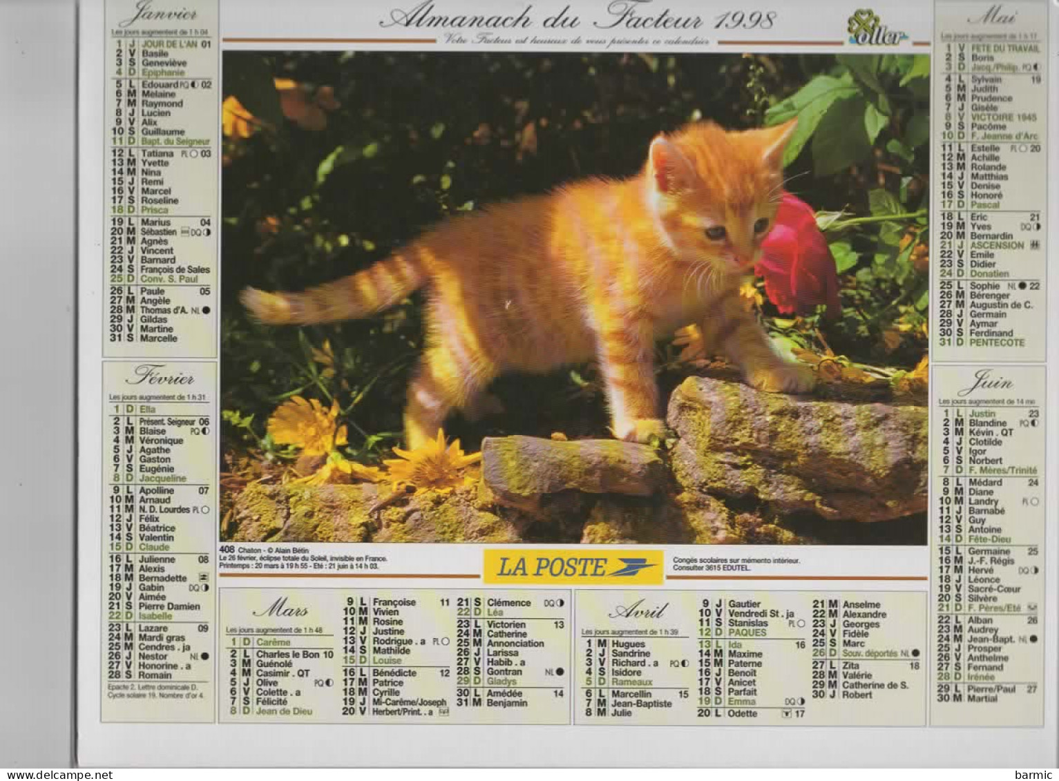 CALENDRIER ANNEE 1998, COMPLET, CHATON ET OISEAU , CHATON ET FLEURS  REF 13766 - Big : 1991-00