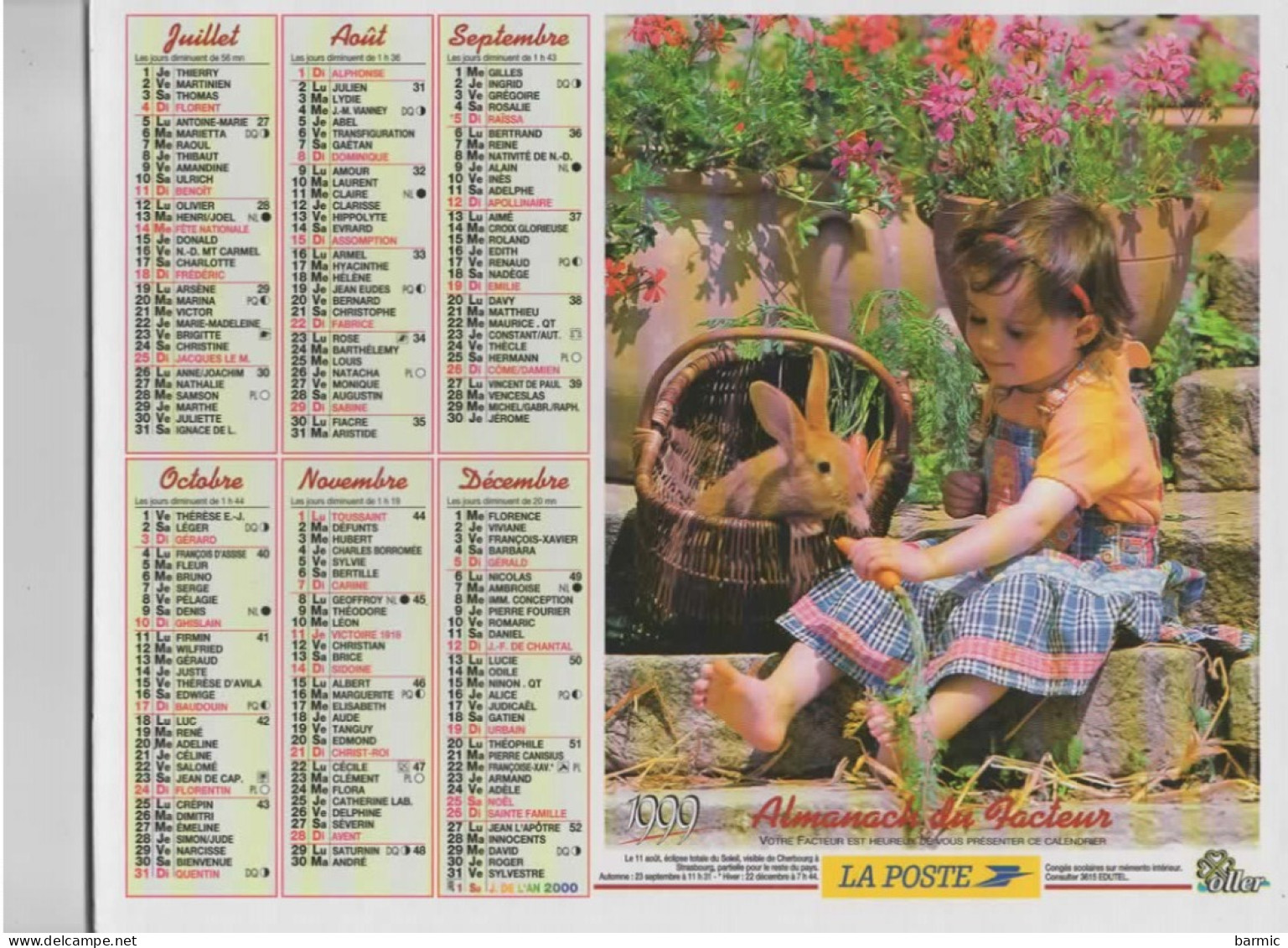 CALENDRIER ANNEE 1999, COMPLET, ENFANTS,  POUSSINS, PANIER D OEUFS, PETITE FILLE ET LAPIN   REF 13768 - Big : 1991-00