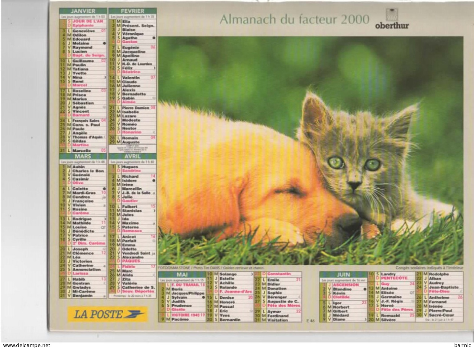 CALENDRIER ANNEE 2000, COMPLET, CHIEN ET CHATON, CHATONS ET POISSON   REF 13769 - Grossformat : 1991-00