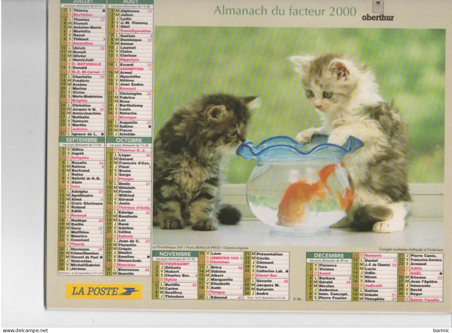 CALENDRIER ANNEE 2000, COMPLET, CHIEN ET CHATON, CHATONS ET POISSON   REF 13769 - Grand Format : 1991-00