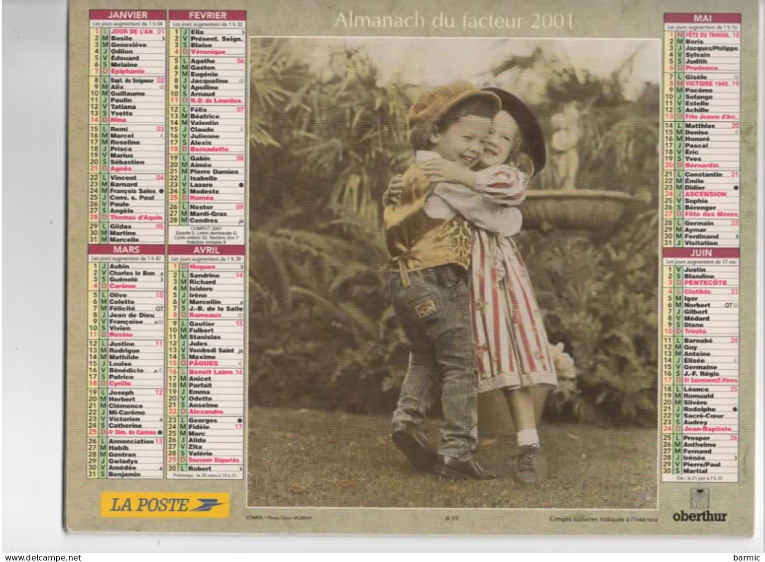 CALENDRIER ANNEE 2001, COMPLET, PETIT COUPLE D AMOUREUX, PETITE FILLE PROMENANT SON CHIEN   REF 13770 - Grand Format : 2001-...