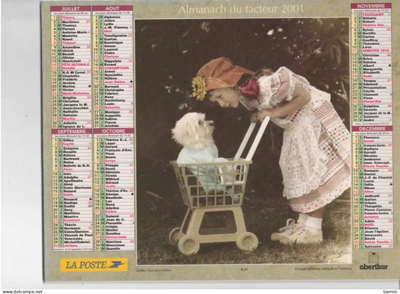 CALENDRIER ANNEE 2001, COMPLET, PETIT COUPLE D AMOUREUX, PETITE FILLE PROMENANT SON CHIEN   REF 13770 - Tamaño Grande : 2001-...