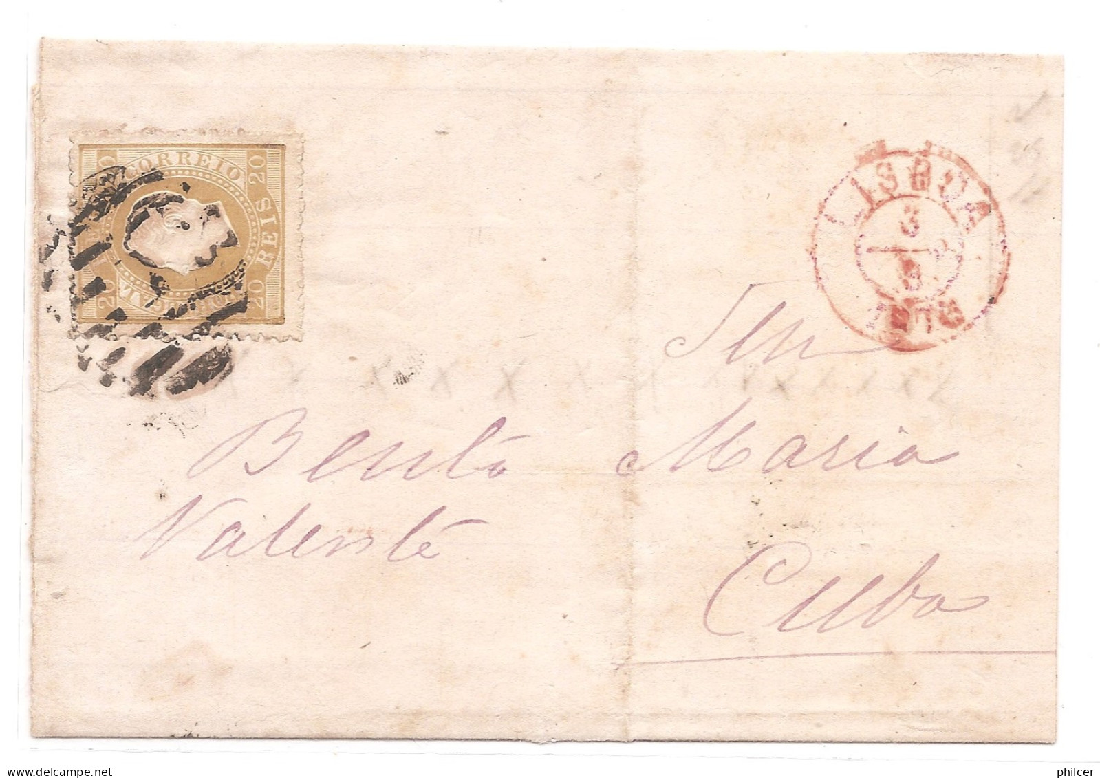 Portugal, 1875, # 39a Dent. 12 3/4, Tipo II, Para Cuba - Lettres & Documents