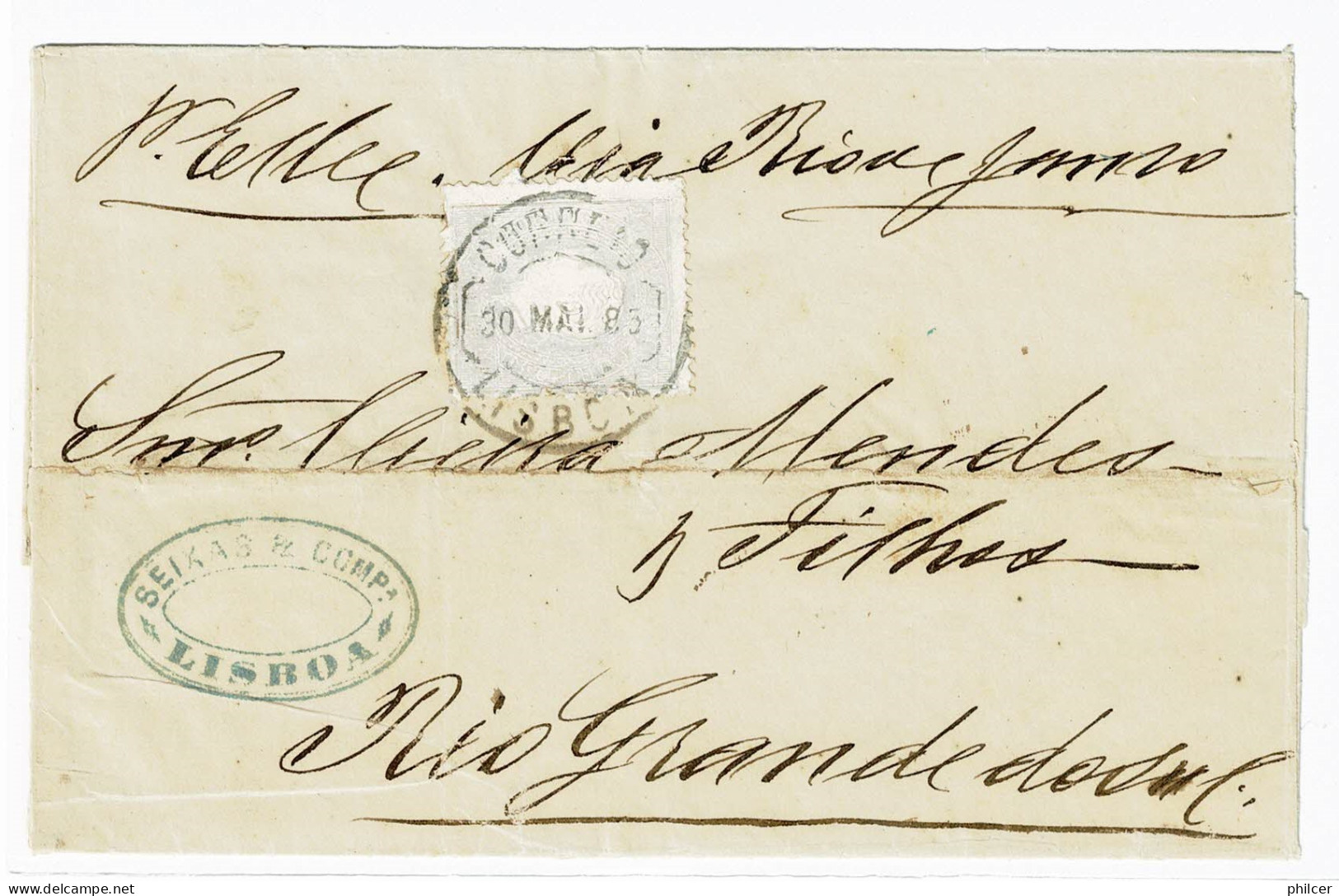 Portugal, 1885, # 43i Dent. 12 3/4, Tipo IV, Para Ripo Grande Do Sul - Cartas & Documentos