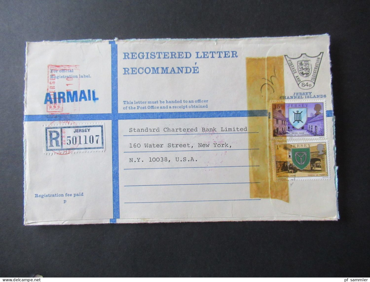 GB Jersey Channel Islands 1981 2x Registered Letter Postage And Registration Mit Marken Airmail Nach New York USA - Jersey