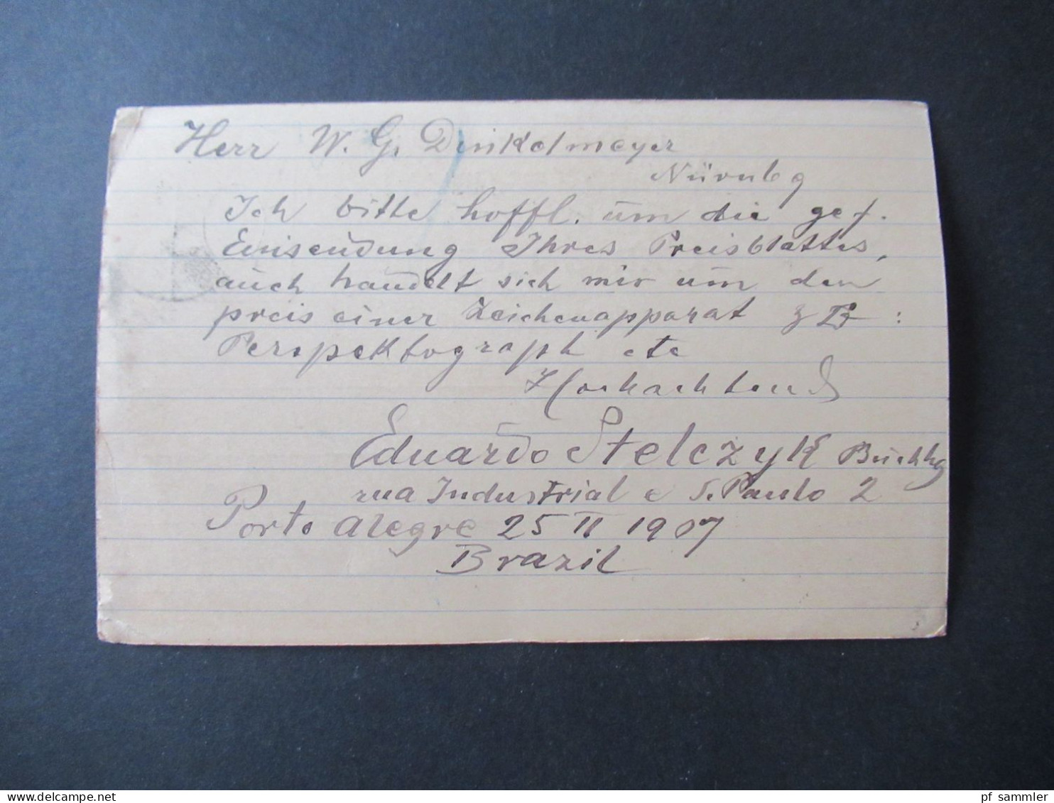 Brasilien 1907 Ganzsache 100 Reis Rio De Janeiro - Nürnberg / Übersse PK Mit Absender Stempel - Briefe U. Dokumente