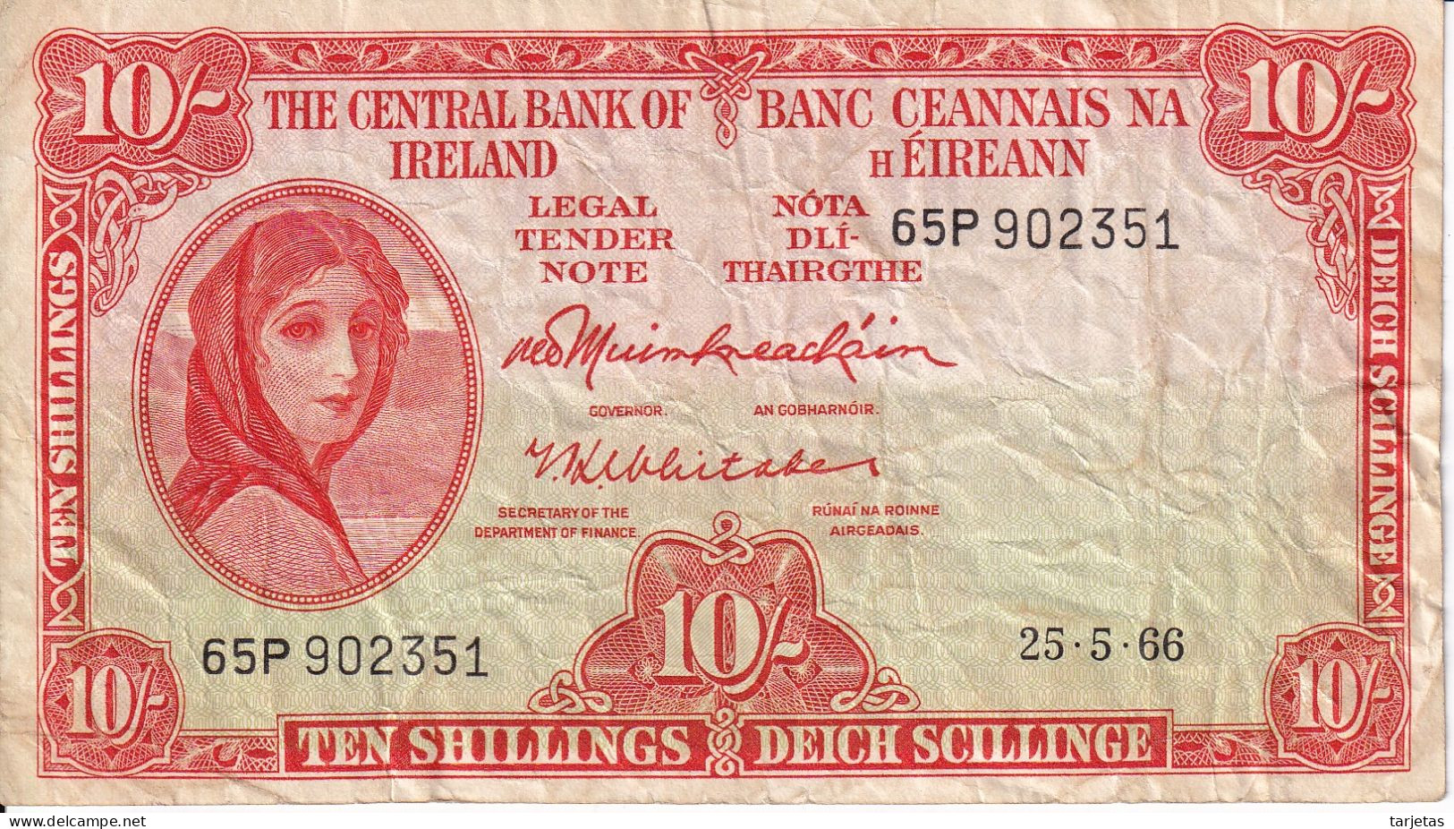 BILLETE DE IRLANDA DE 10 SHILLINGS DEL AÑO 1966 (BANKNOTE) - Ireland