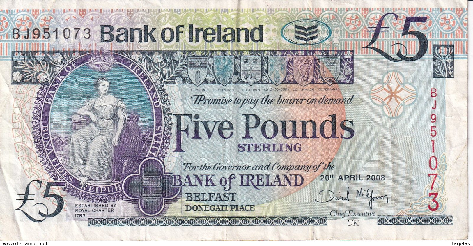 BILLETE DE IRLANDA DE 5 POUNDS DEL AÑO 2008 (BANKNOTE) - Irlanda