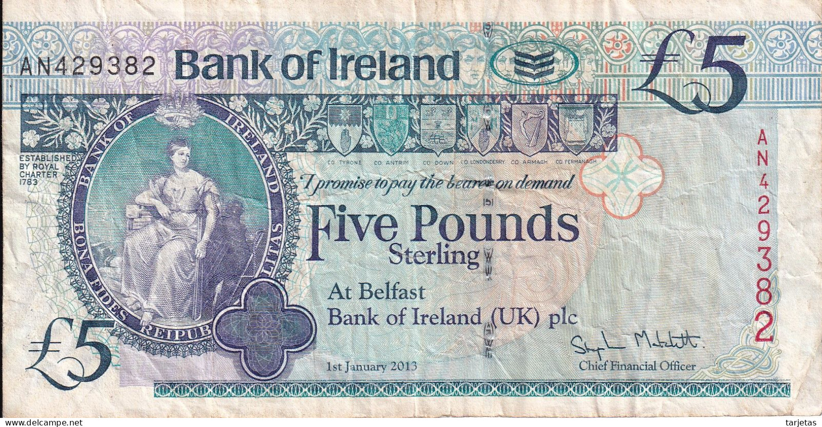 BILLETE DE IRLANDA DE 5 POUNDS DEL AÑO 2013 (BANKNOTE) - Irland