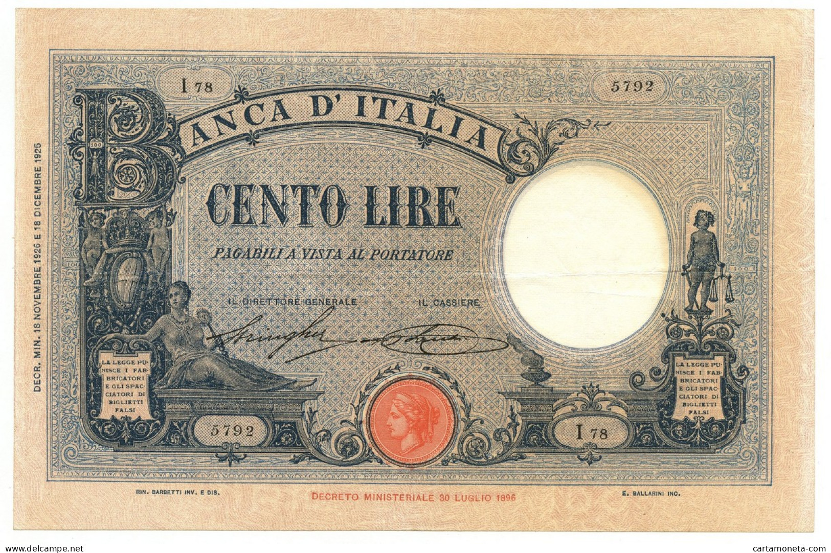 100 LIRE BARBETTI GRANDE B AZZURRO TESTINA FASCIO 18/11/1926 BB/SPL - Regno D'Italia – Autres