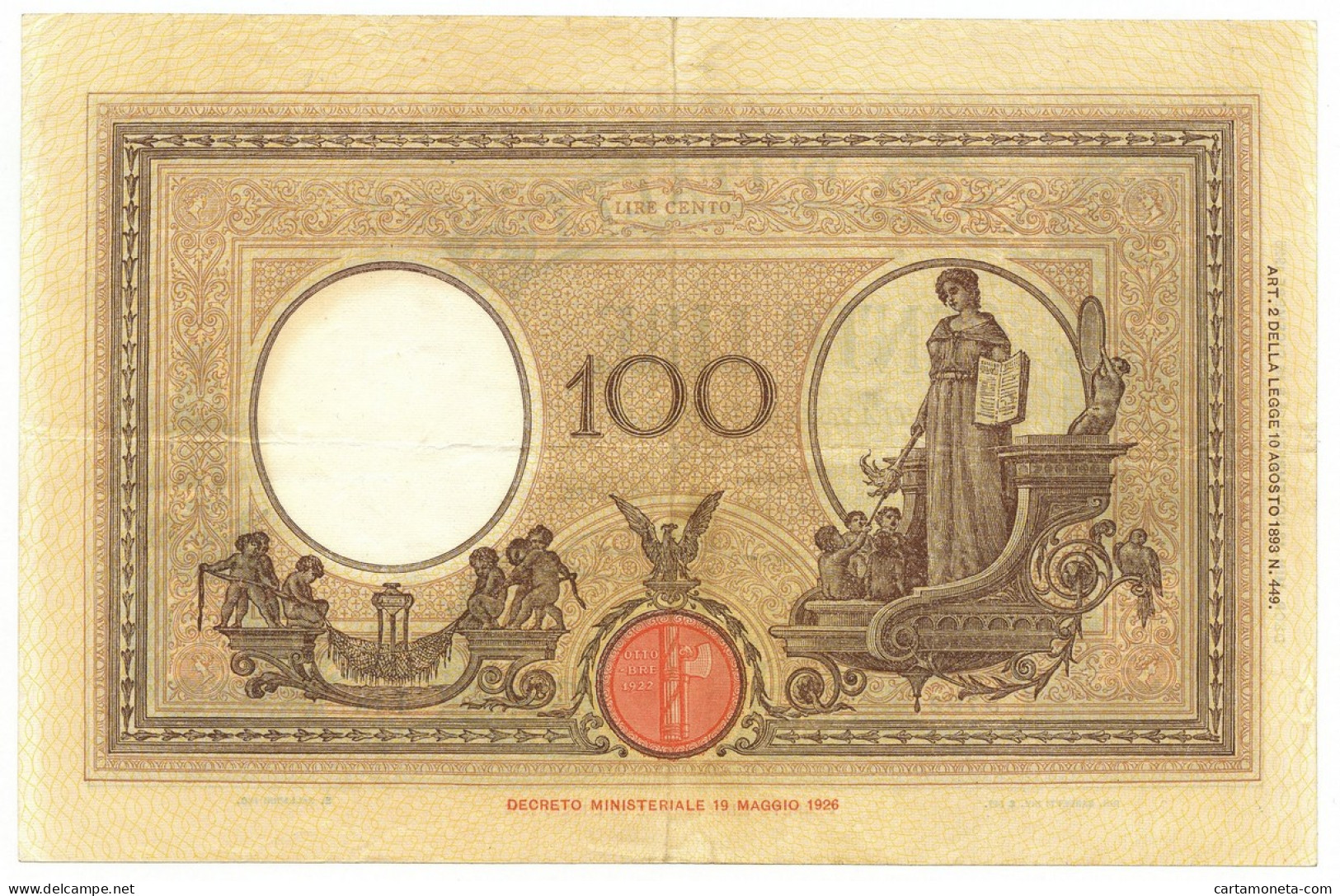 100 LIRE BARBETTI GRANDE B AZZURRO TESTINA FASCIO 18/11/1926 BB/SPL - Regno D'Italia – Autres