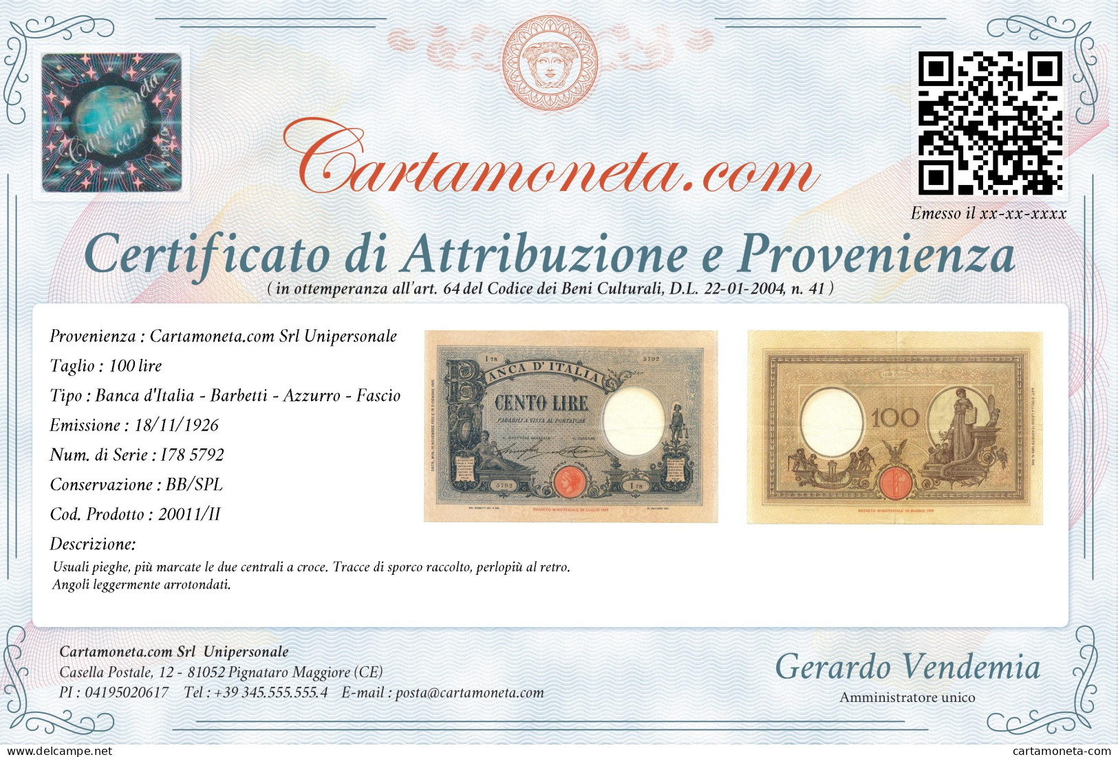 100 LIRE BARBETTI GRANDE B AZZURRO TESTINA FASCIO 18/11/1926 BB/SPL - Regno D'Italia - Altri