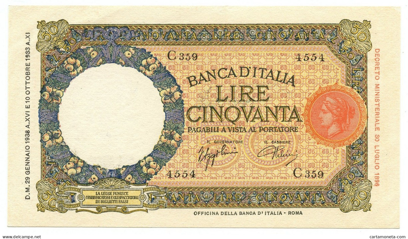 50 LIRE CAPRANESI LUPA CAPITOLINA MARGINE LARGO FASCIO ROMA 29/01/1938 SUP - Regno D'Italia – Autres