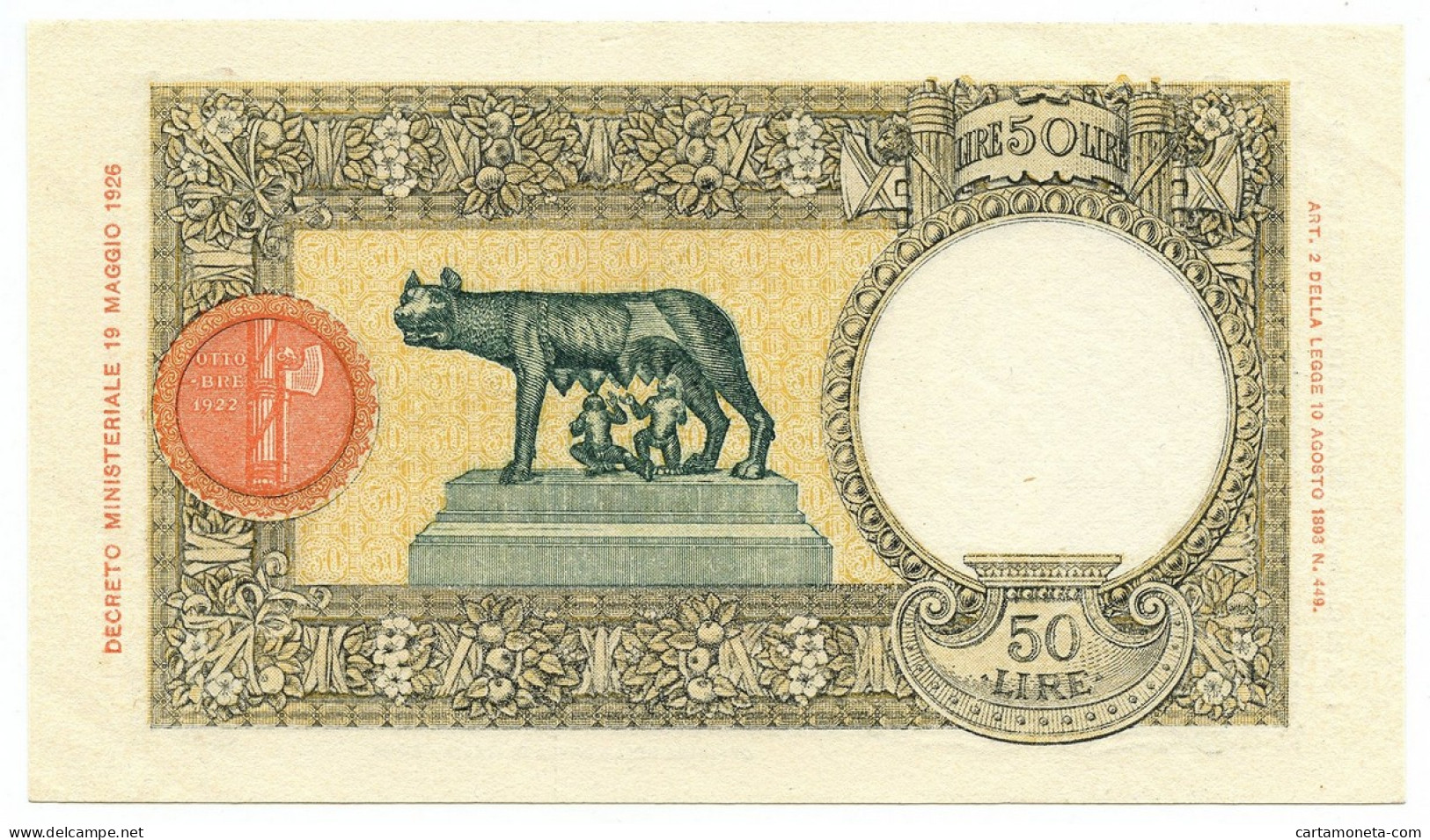 50 LIRE CAPRANESI LUPA CAPITOLINA MARGINE LARGO FASCIO ROMA 29/01/1938 SUP - Andere