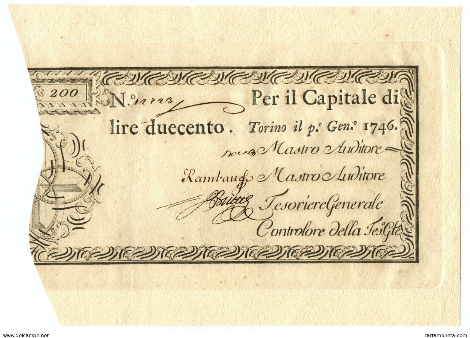 200 LIRE REGIE FINANZE TORINO REGNO DI SARDEGNA 01/01/1746 SUP - Sonstige & Ohne Zuordnung