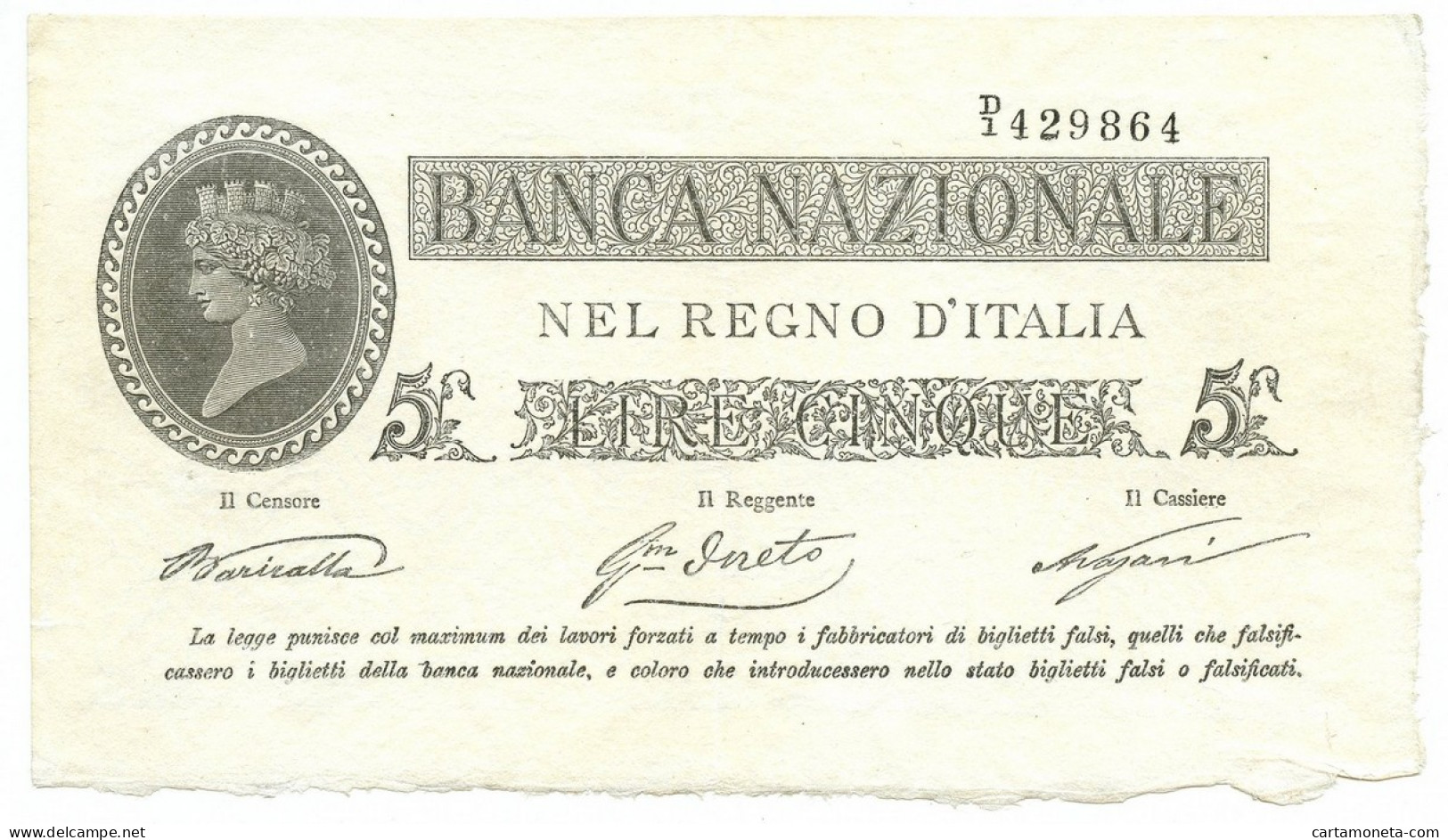 5 LIRE BANCA NAZIONALE NEL REGNO D'ITALIA TIPO PROVVISORIO 25/07/1866 SPL- - Sonstige & Ohne Zuordnung