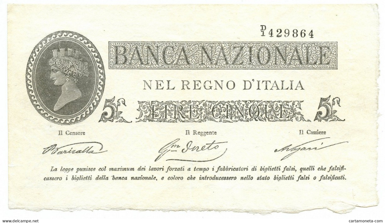 5 LIRE BANCA NAZIONALE NEL REGNO D'ITALIA TIPO PROVVISORIO 25/07/1866 SPL- - Autres & Non Classés