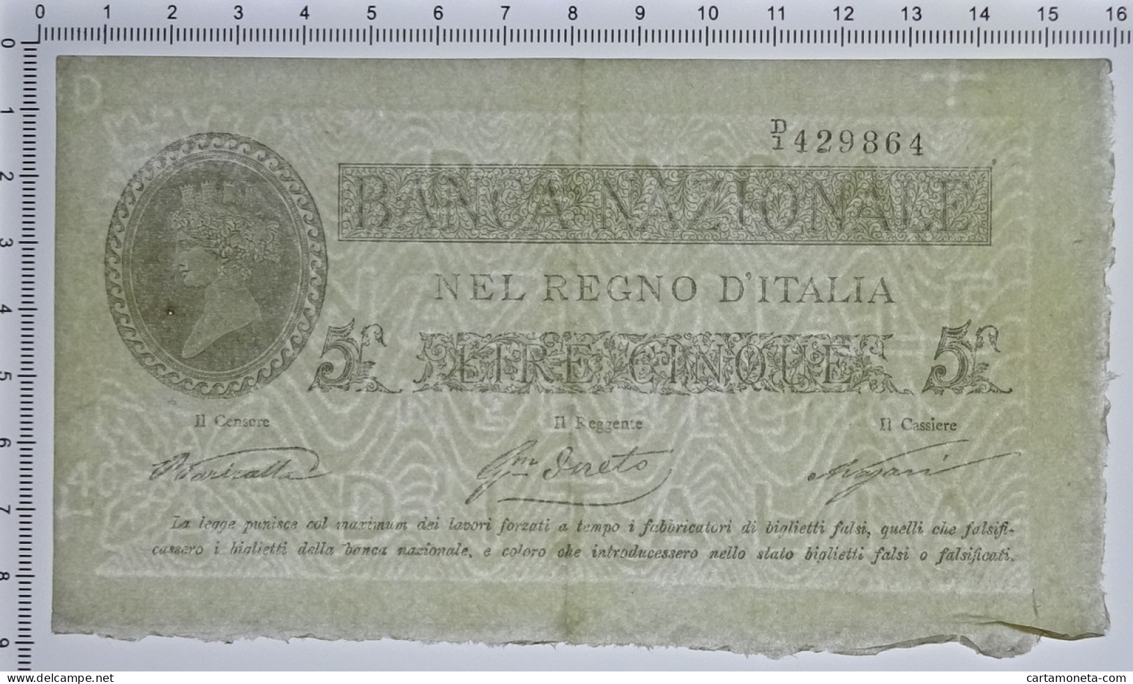 5 LIRE BANCA NAZIONALE NEL REGNO D'ITALIA TIPO PROVVISORIO 25/07/1866 SPL- - Autres & Non Classés