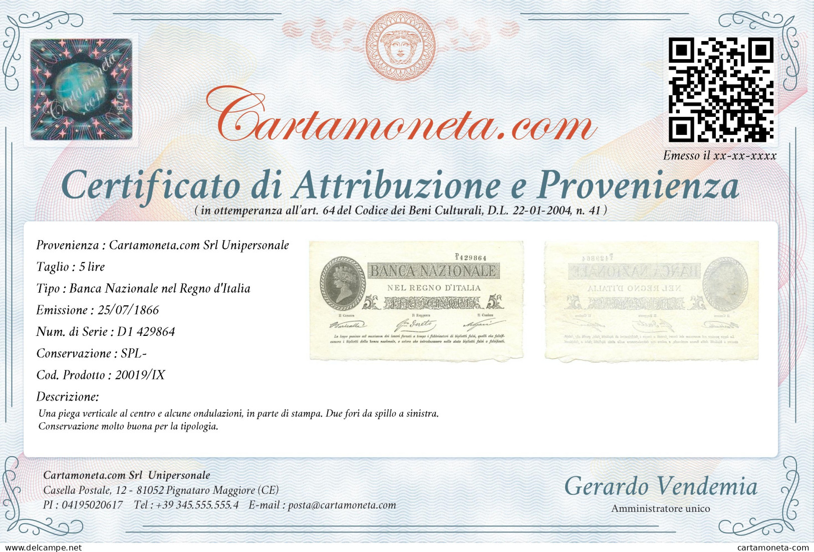 5 LIRE BANCA NAZIONALE NEL REGNO D'ITALIA TIPO PROVVISORIO 25/07/1866 SPL- - Other & Unclassified