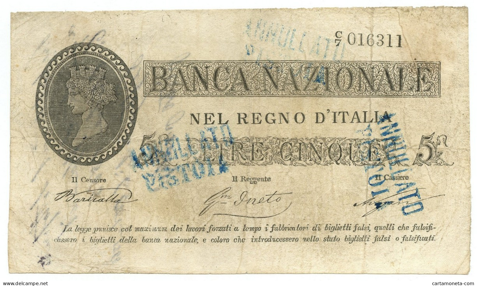 5 LIRE FALSO D'EPOCA BANCA NAZIONALE REGNO D'ITALIA PROVVISORIO 25/07/1866 QBB - [ 8] Fictifs & Specimens