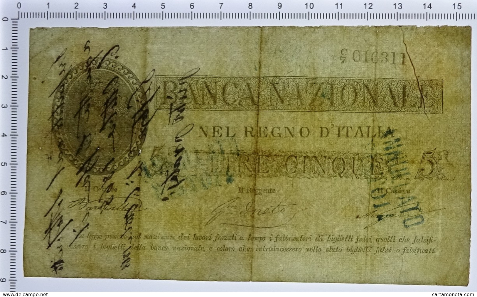 5 LIRE FALSO D'EPOCA BANCA NAZIONALE REGNO D'ITALIA PROVVISORIO 25/07/1866 QBB - [ 8] Vals En Specimen