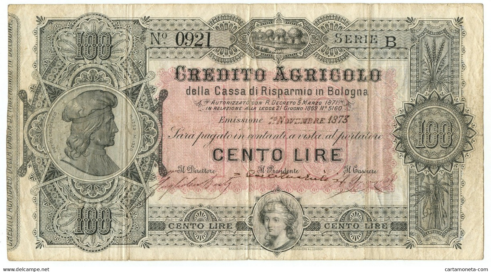 100 LIRE CASSA DI RISPARMIO DI BOLOGNA CREDITO AGRICOLO 01/11/1873 QBB - Autres & Non Classés