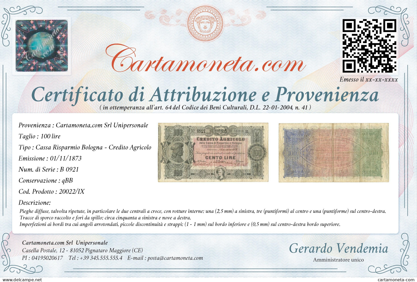 100 LIRE CASSA DI RISPARMIO DI BOLOGNA CREDITO AGRICOLO 01/11/1873 QBB - Autres & Non Classés