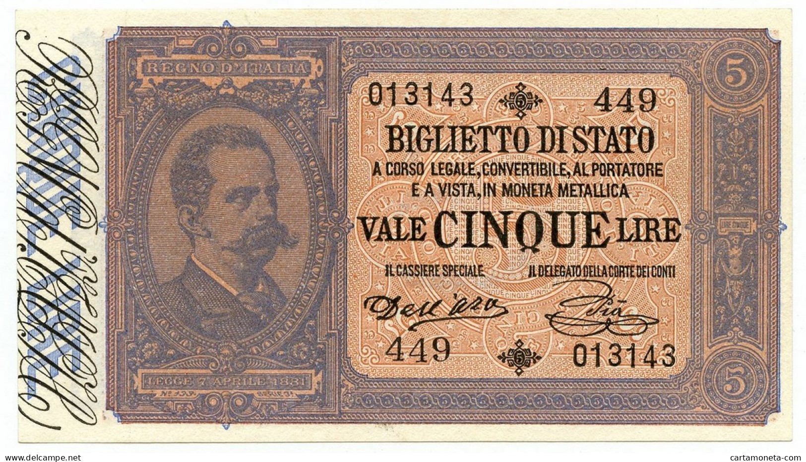 5 LIRE BIGLIETTO DI STATO EFFIGE UMBERTO I 06/08/1889 FDS-/FDS - Otros