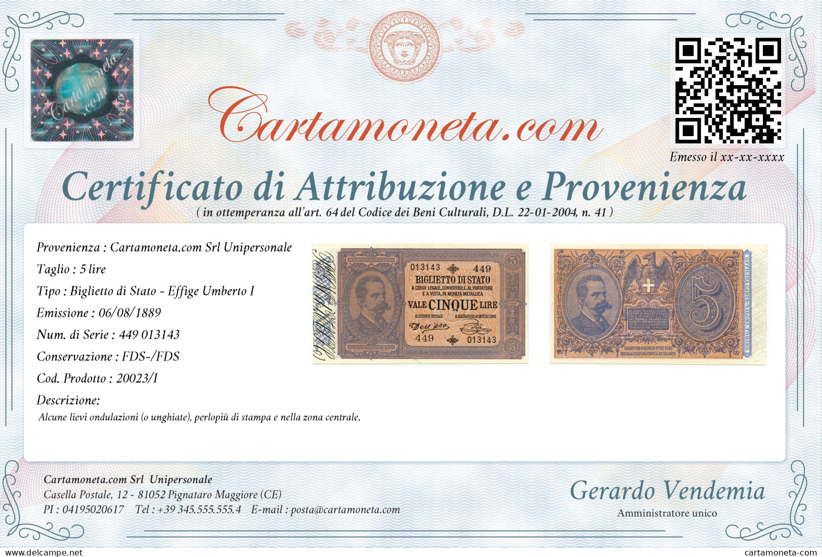 5 LIRE BIGLIETTO DI STATO EFFIGE UMBERTO I 06/08/1889 FDS-/FDS - Regno D'Italia – Autres