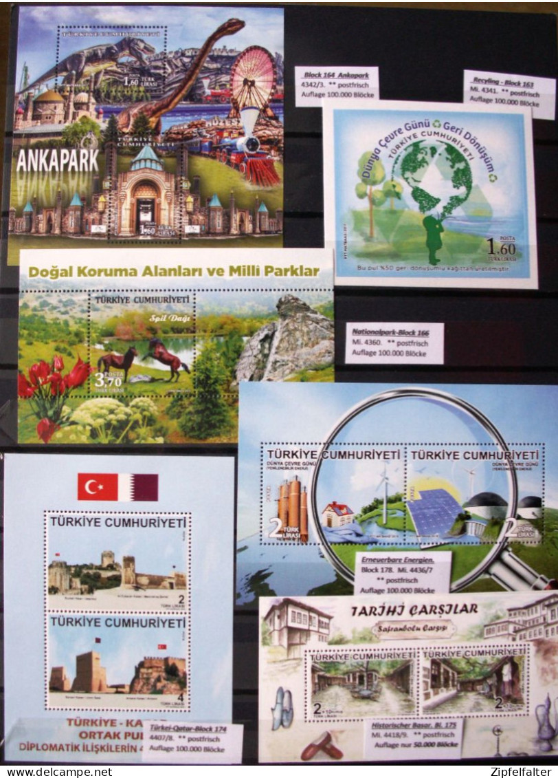 Große Sammlung Blöcke der Türkei von 1956-2020 mit vielen seltenen Kleinauflagen. 73 verschiedene Blöcke ** postfrisch.