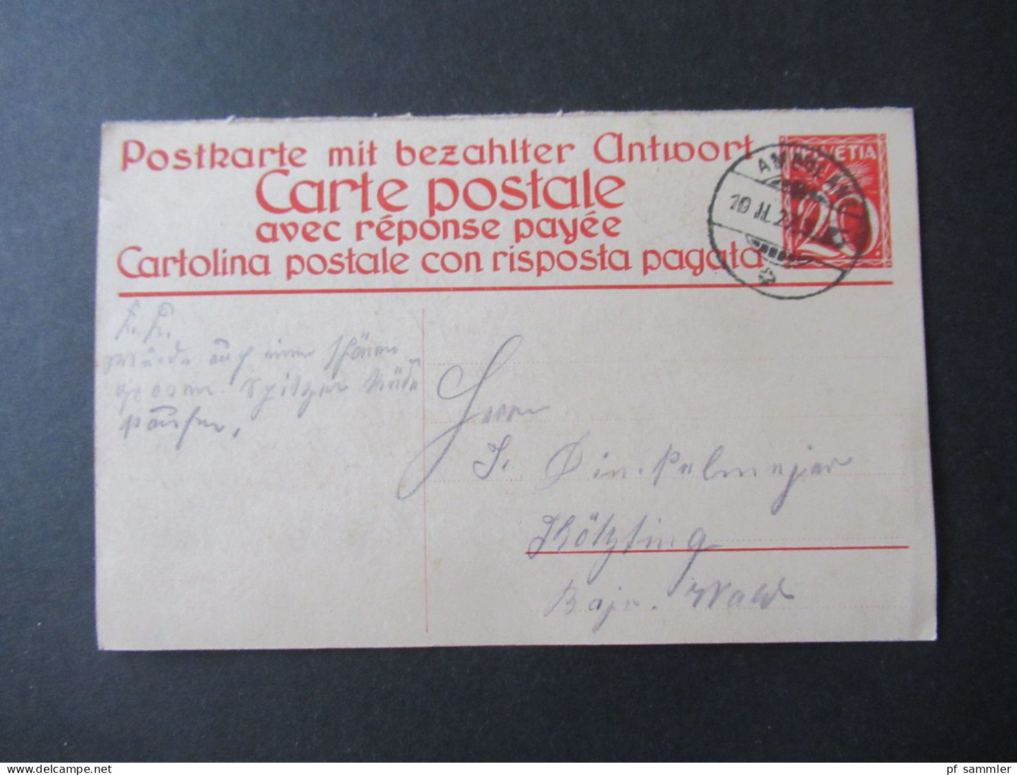 Schweiz 1922 Ganzsache PK Mit Bezahlter Antwort / Fragekarte Stempel Bahnpost Ambulant - Postwaardestukken