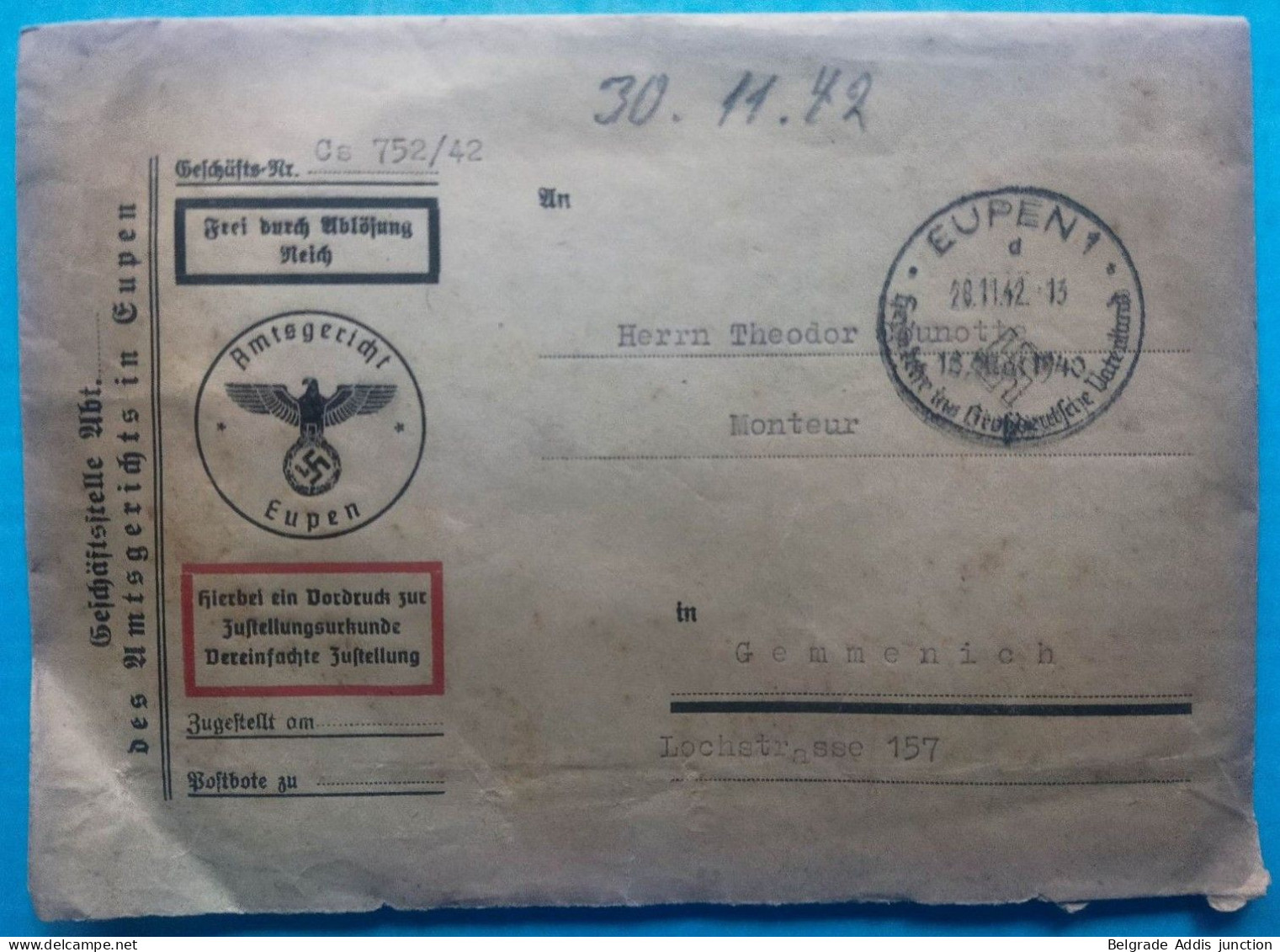 Belgique Belgien Occupation Eupen Deutsche Besetzung 1942 Lettre Avec Contenu / Cover With Content - Guerra 40 – 45 (Cartas & Documentos)