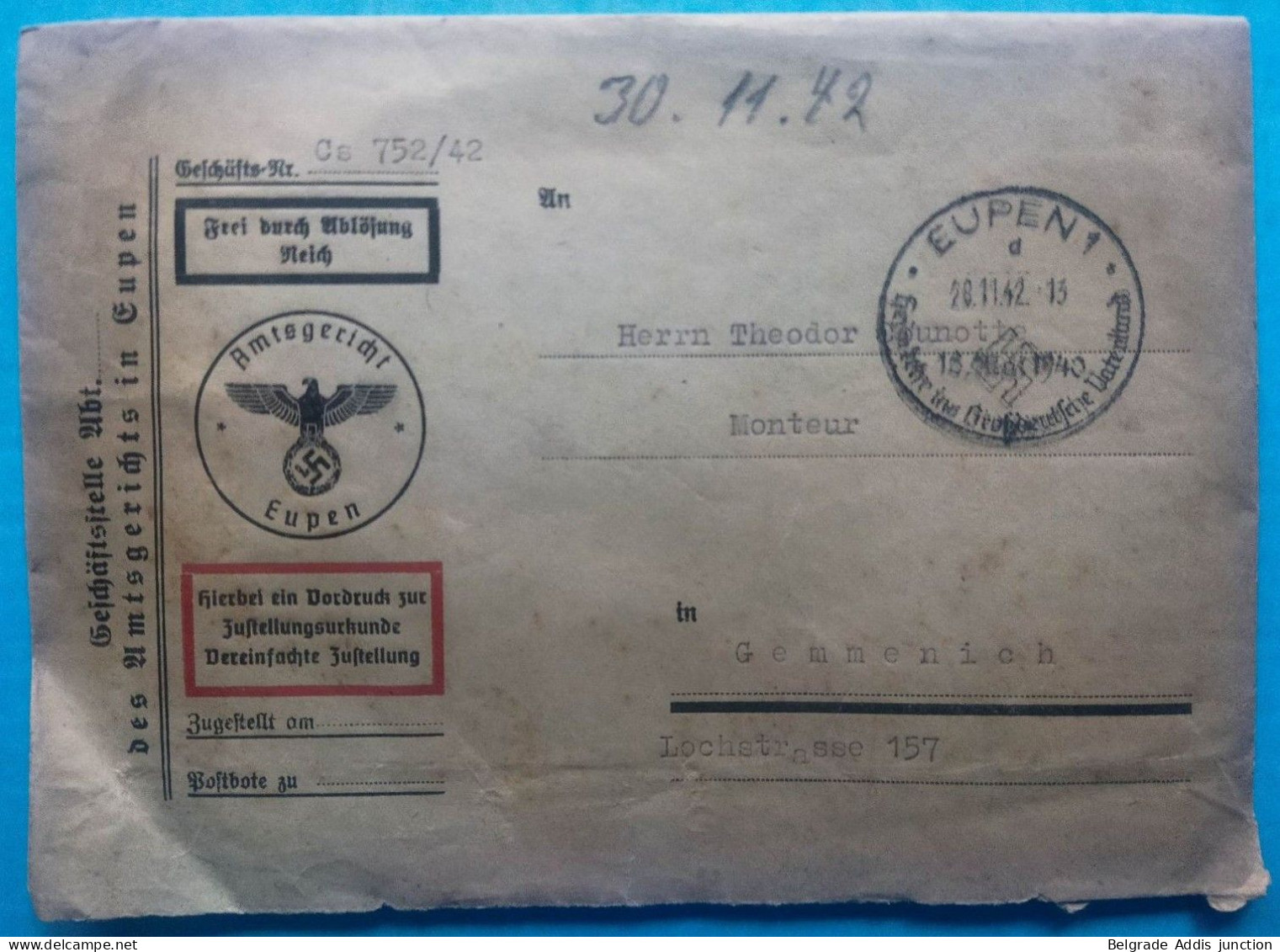 Belgique Belgien Occupation Eupen Deutsche Besetzung 1942 Lettre Avec Contenu / Cover With Content - Guerre 40-45 (Lettres & Documents)