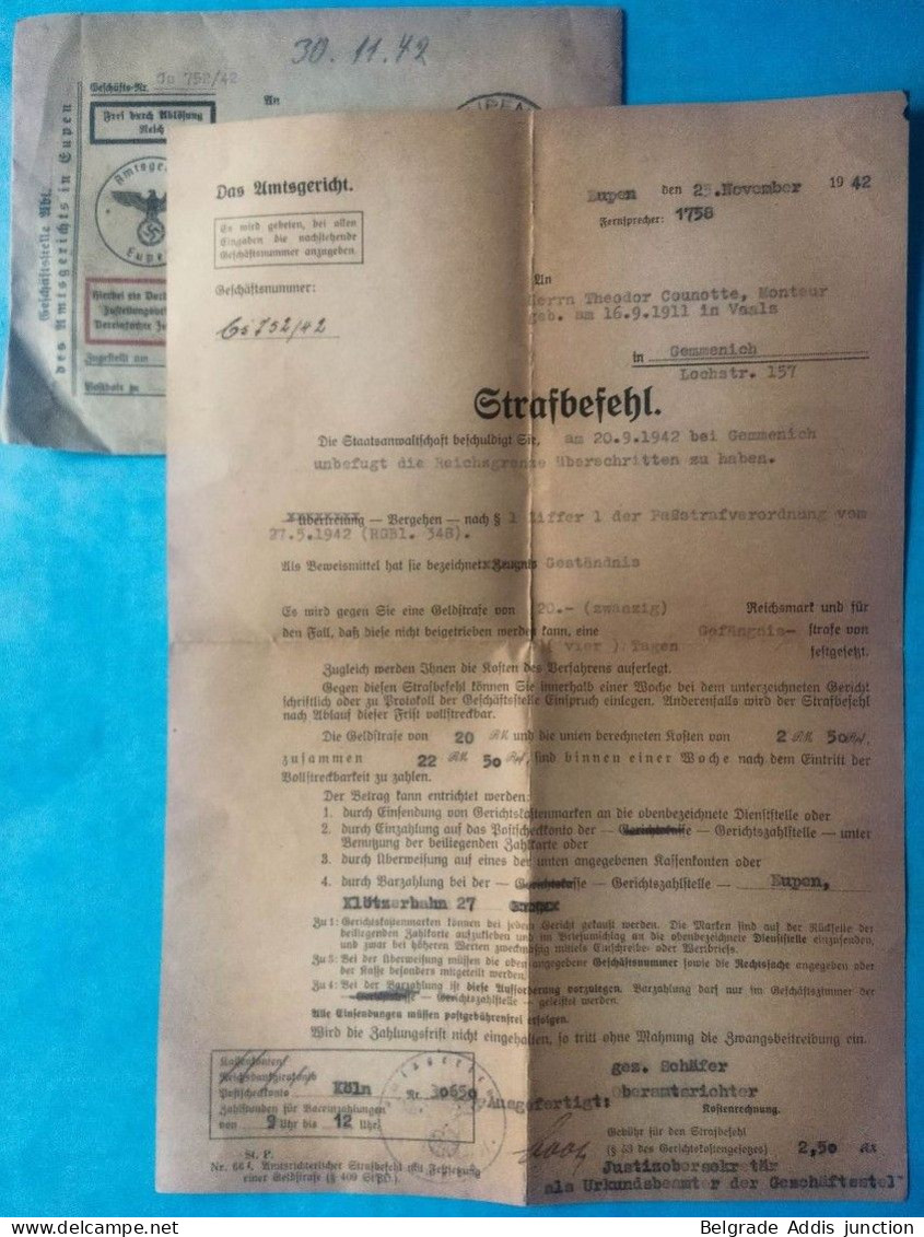 Belgique Belgien Occupation Eupen Deutsche Besetzung 1942 Lettre Avec Contenu / Cover With Content - WW II (Covers & Documents)