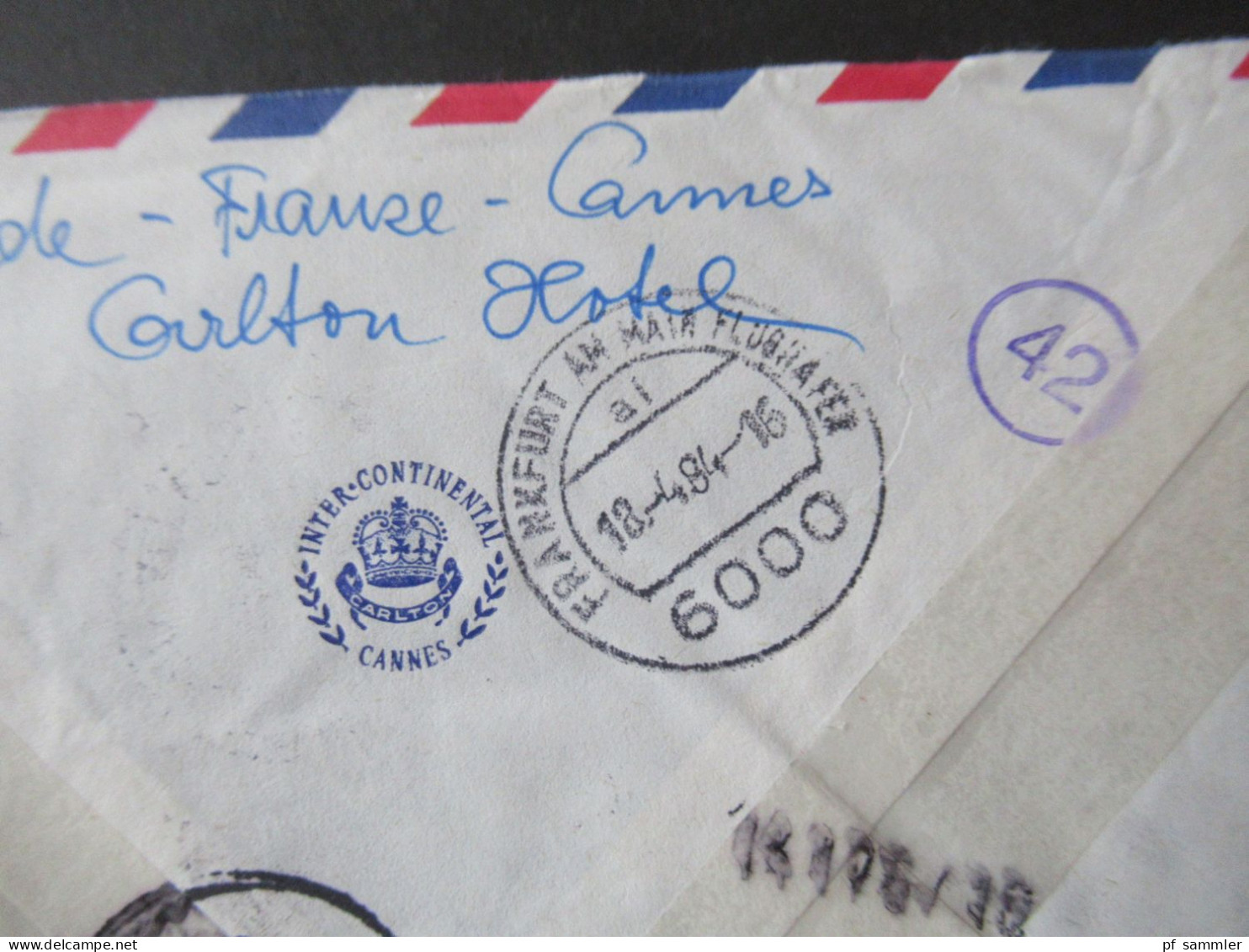Frankreich 1984 Par Avion Expres Cannes - Kassel / Stempel Frankfurt Am Main Flughafen / Umschlag Inter Continental - Storia Postale