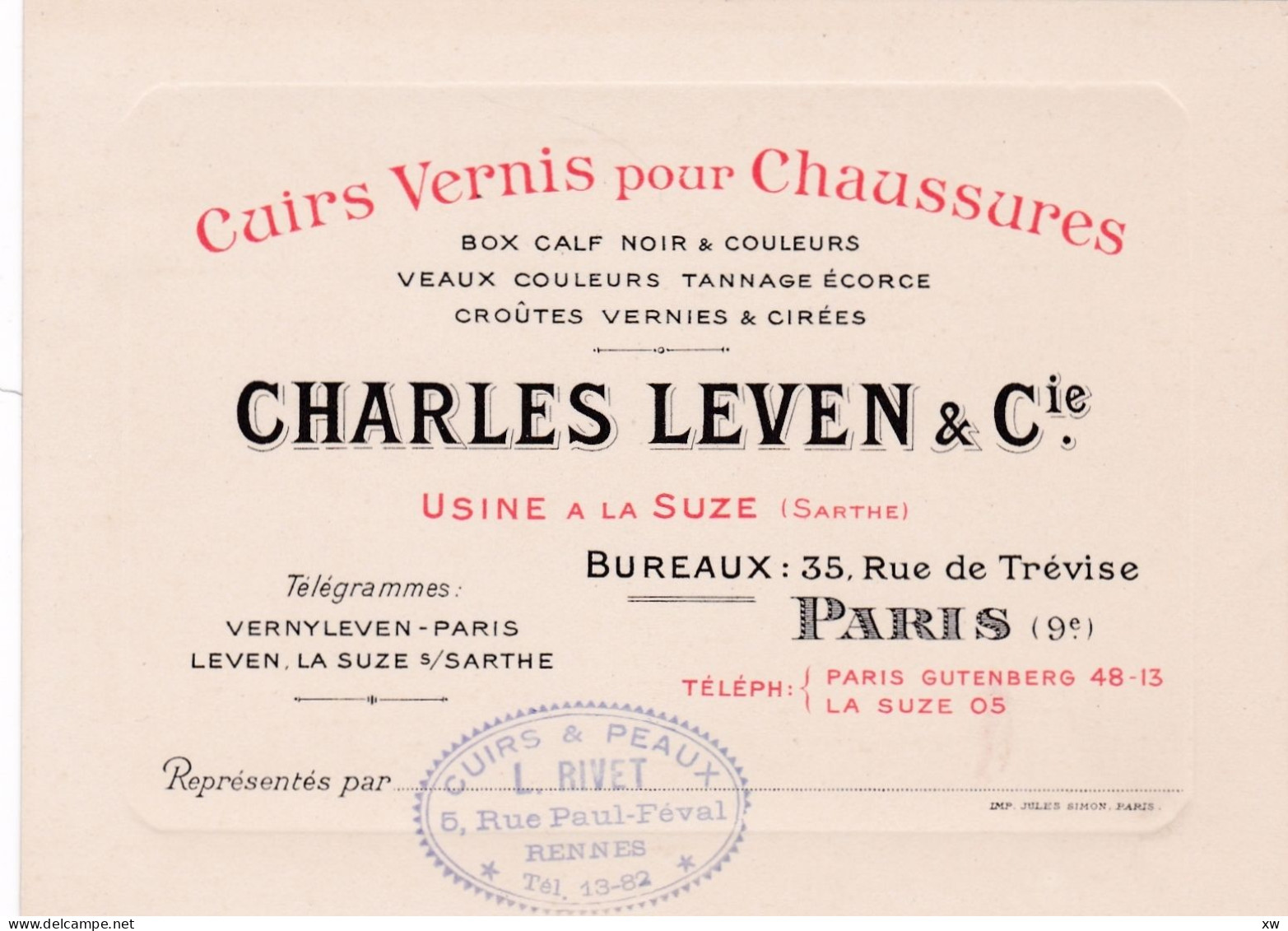 LA SUZE-SUR-SARTHE -72- Carte Commerciale - Cuirs Vernis Pour Chaussures Charles Leven & Cie Usine à La Suze - A16799/00 - La Suze Sur Sarthe