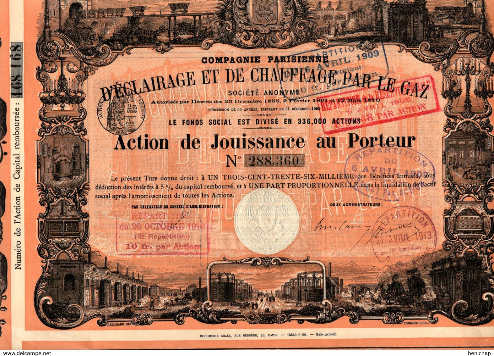 Action De Jouissance Au Porteur - Compagnie Parisienne D'Eclairage Et De Chauffage Par Le Gaz S.A. - Paris 1870. - Electricidad & Gas