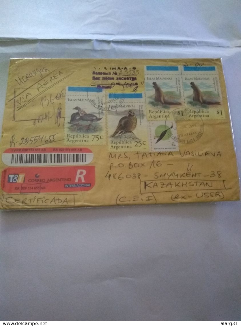 Argentina Reg Letter . Kazakstan 1995.big Size.malvinas /flklnd.wildlife.1852*2.1851.1849.1890 Def.cv 18.5e Yv.e 14 Regr - Lettres & Documents