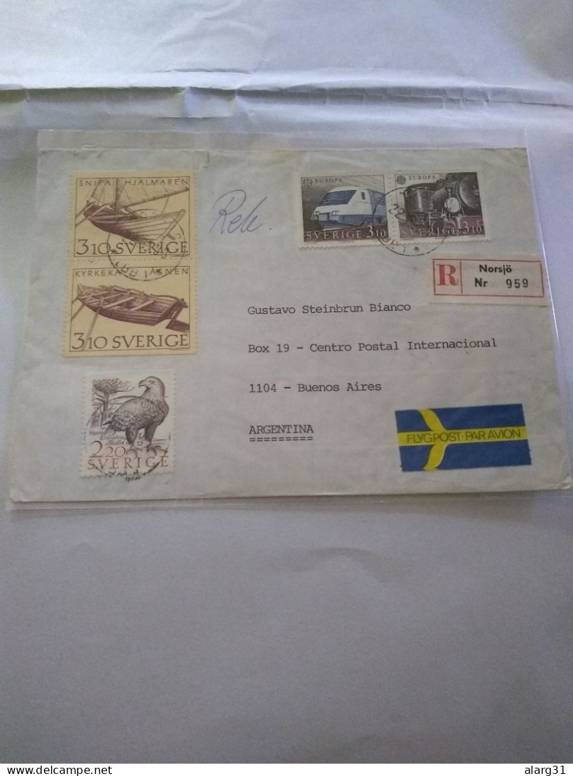 Sweden.reg Post 1988 To Argentina.from Norsjo.yv1478a Europa Raíl 88 Pair .1455 Pyrorgue.hawk Bird.back Op.def.e8 Reg Po - Brieven En Documenten