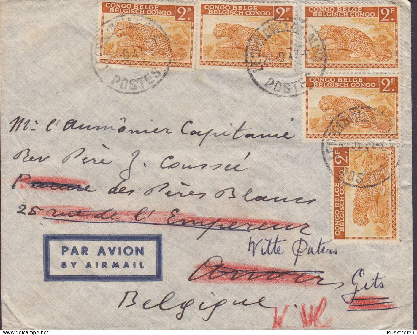 Belgian Congo Par Avion, LEOPOLDVILLE 1947 Cover Brief Lettre ANVERS REadressed 5x Leopard Timbres - Brieven En Documenten