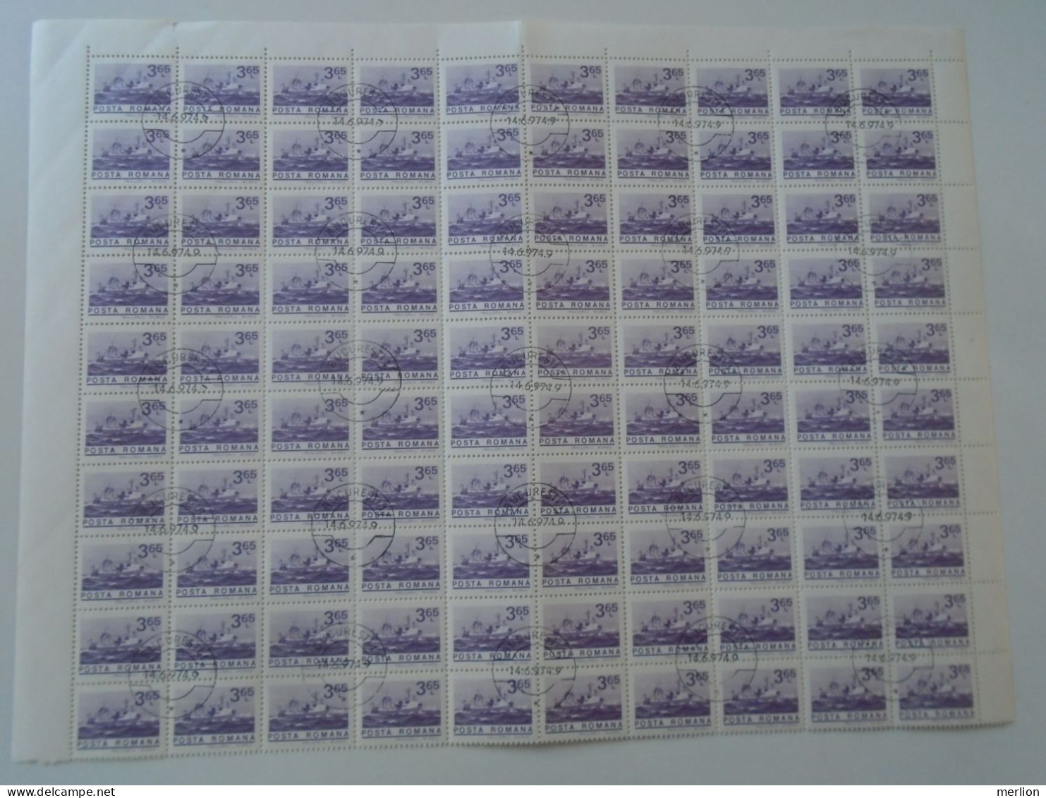 ZA484.2  ROMANIA   Sheet With   100 Stamps  3,65 Lei,  Ship  Mures,   Cancel Bucuresti  1974 - Autres & Non Classés