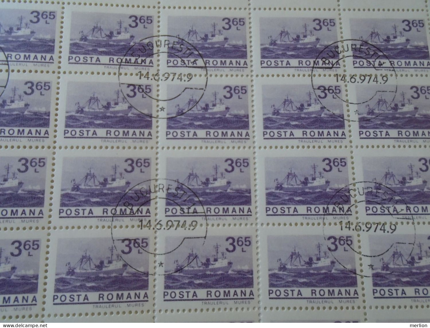 ZA484.2  ROMANIA   Sheet With   100 Stamps  3,65 Lei,  Ship  Mures,   Cancel Bucuresti  1974 - Andere & Zonder Classificatie