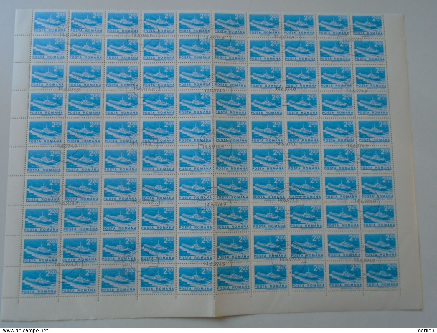 ZA484.3  ROMANIA   Sheet With   100 Stamps  2,20 Lei,  Ship Oltul,   Cancel Bucuresti  1974 - Andere & Zonder Classificatie